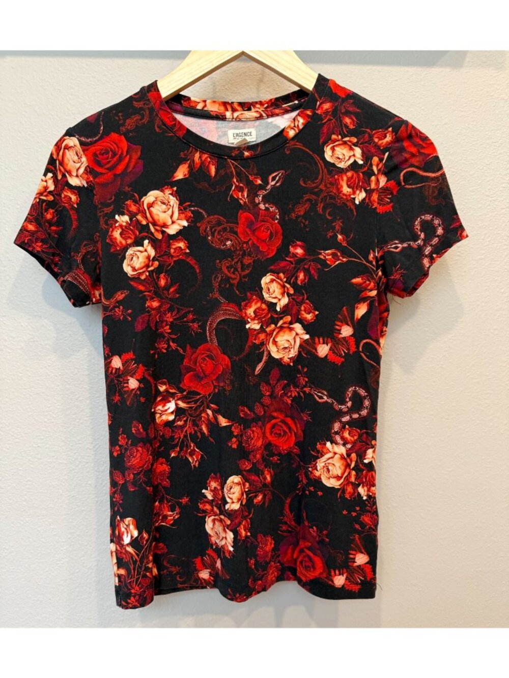 L'Agence Women's Ressi Baroque Floral Black Red Short Sleeve Shirt Small Stretch